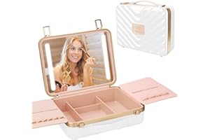 Kalolary Travel Makeup Train Cases with Lighted Mirror 3 Color Setting, Makeup Bag Cosmetic Case Organizer Adjustable Brightn