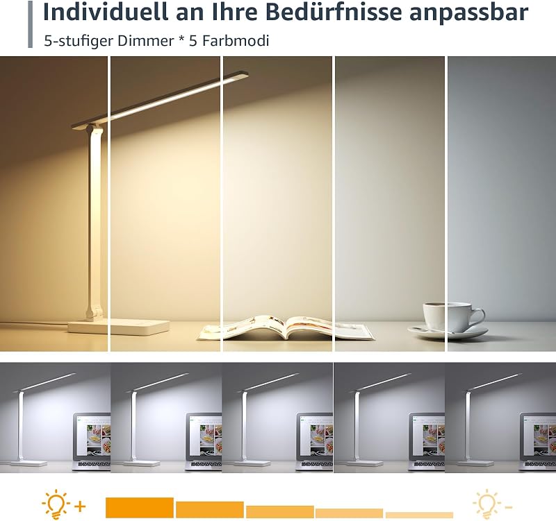Schreibtischlampe LED, Dimmbar, 800LM 3 Farben & 5 Helligkeitsstufen