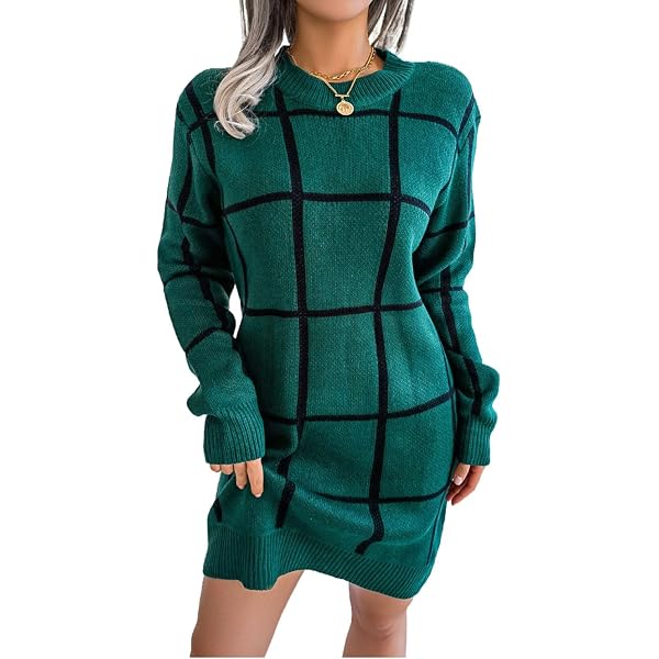 green sweater dress amazon Amazon.com: Womens Green Casual Long Sleeve Crew Neck Slim Fit Knit  Pullover Midi Dresses Green Plaid Color Block Knit Sweater Dress :  Clothing, Shoes & Jewelry