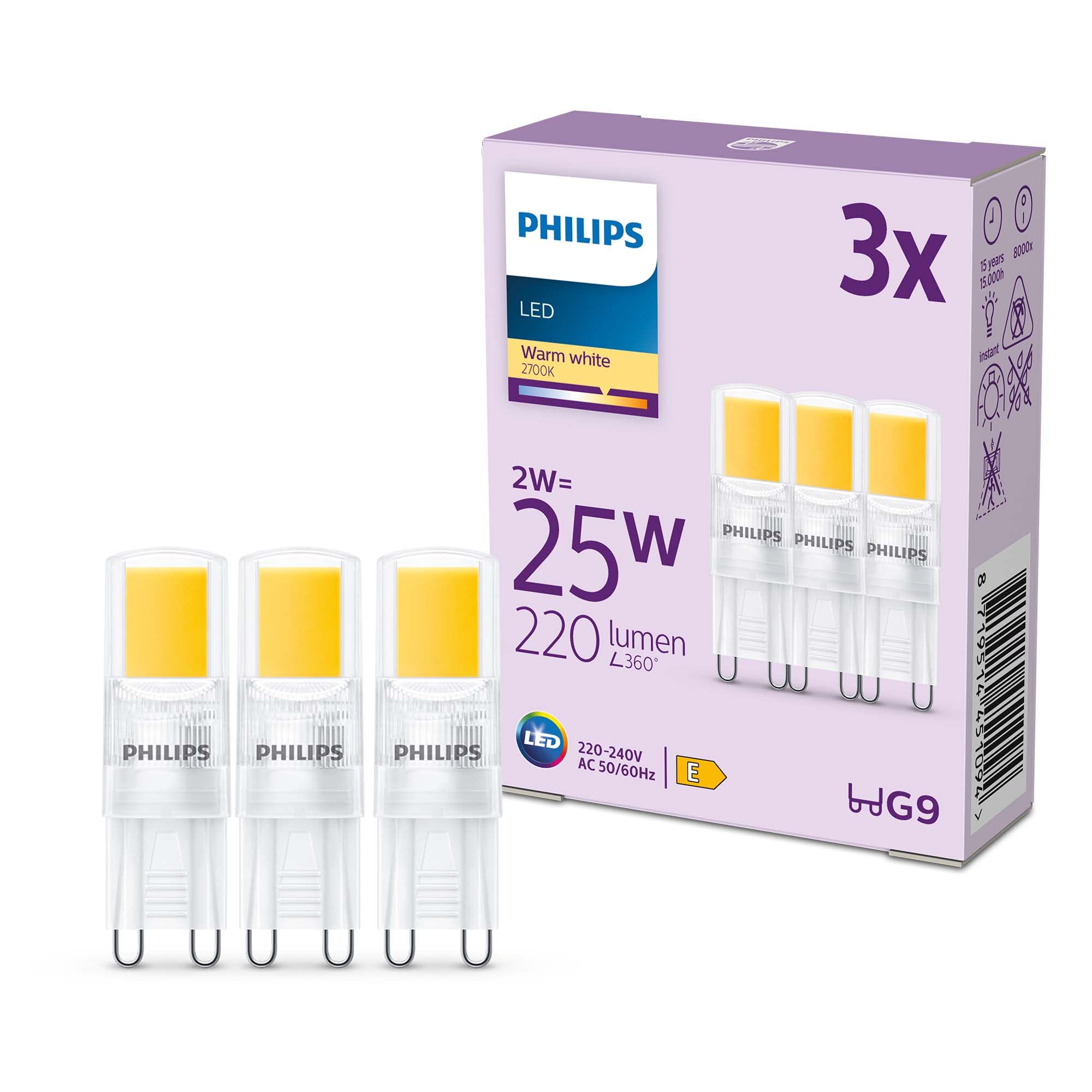Philips LED Classic G9 Capsule Light Bulb 3 Pack [Warm White 2700K - G9] 25W, Non Dimmable. for Home Indoor Lighting
