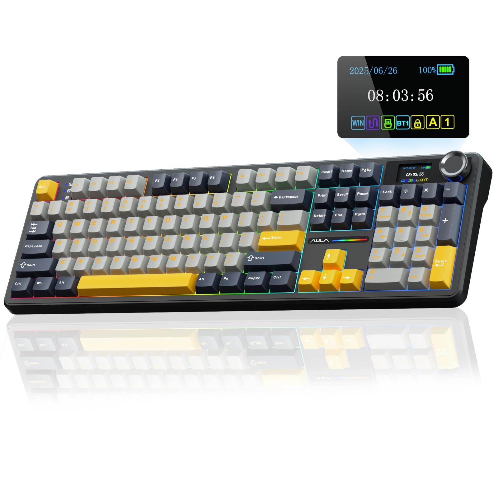 View 1 of *** POSSIBLY FOR PARTS/ QUOTE KEYS NON-FUNCTIONAL*** AULA F108 PRO - Wireless Mechanical Keyboard with Screen&Knob,Hot Swappable Gaming Keyboard with 8000mAh Battery,Pre-lubed Switches,RGB Backlit,PBT Keycaps Creamy Sounding Computer Keyboards,104 Keys
