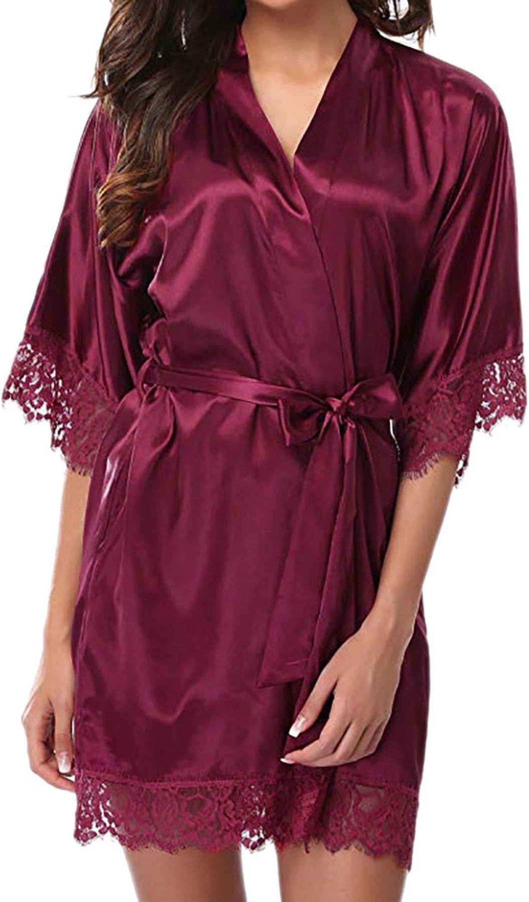 Women's Lace Trim Kimono Robe Nightwear Nightgown Sleepwear Satin Short Robe Bridesmaid Bride Robe (Wine, M)