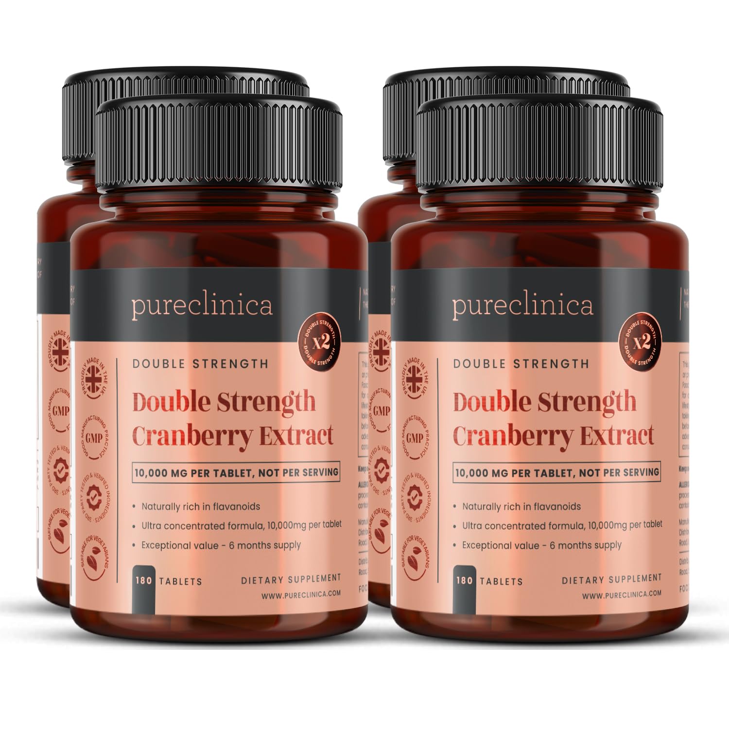 Double Strength Cranberry Extract 10,000mg x 180 Ultra Concentrated Tablets x 720 Tablets (4 Bottles of 180) – 2 Year Supply