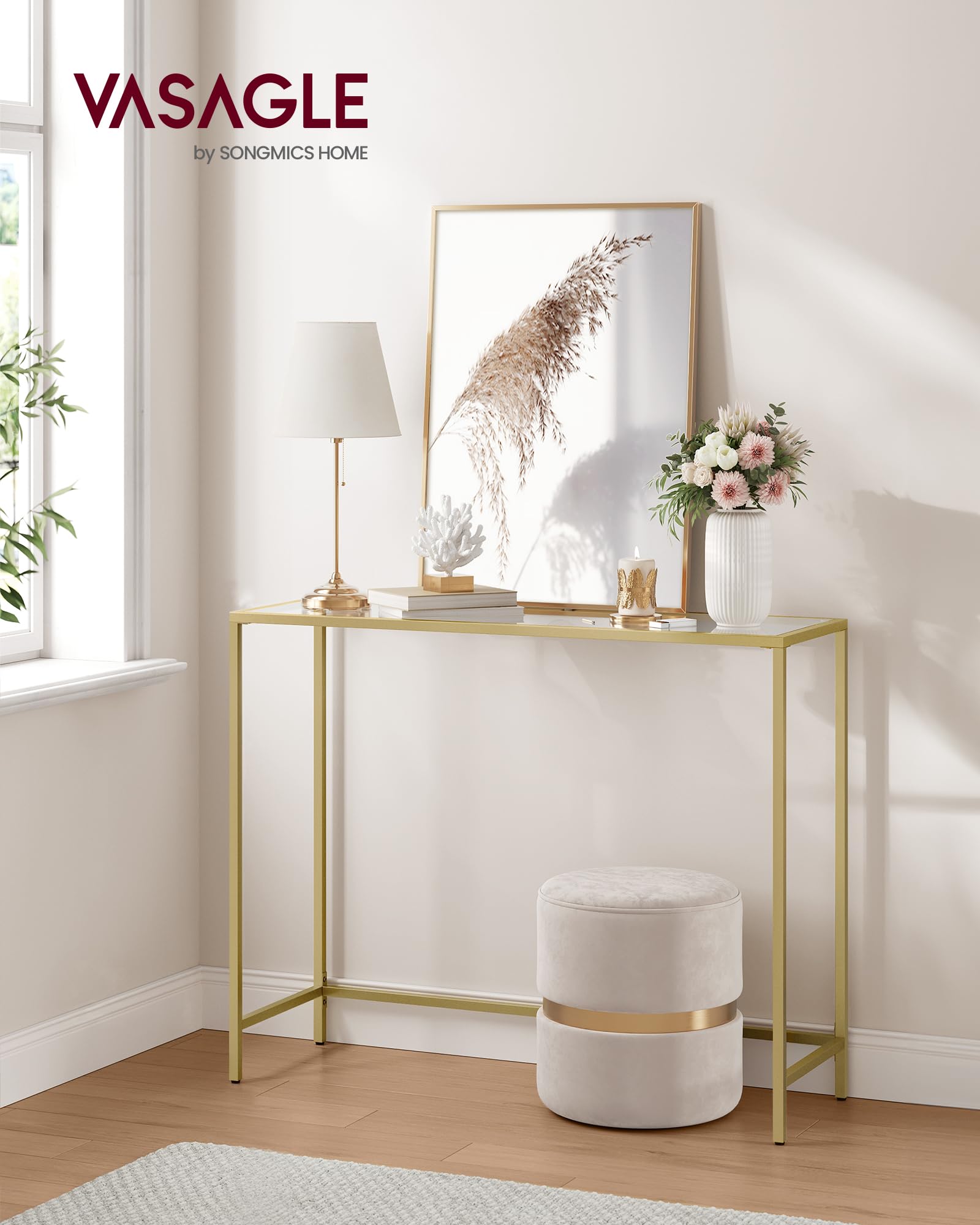 VASAGLE Entryway Table, Console Table, Tempered Glass Tabletop, Modern Sofa Table, Easy Assembly, with Adjustable Feet, for Living Room, Entryway, Pale Gold and Transparent ULGT132A01