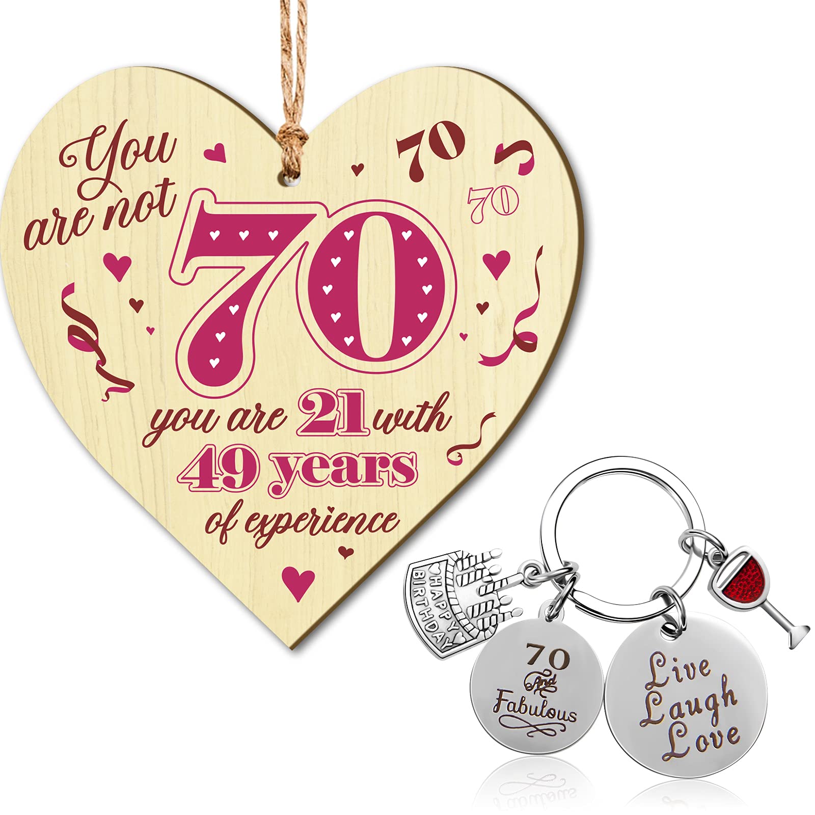 Hicarer 70th Birthday Gifts for Women 70th Birthday Plaque and Keyrings Set Wood Heart Ornament Sign Metal Keychain for Women Men Bedroom Living Room Dining Room Car Interior Decoration