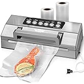 Precision Food Vacuum Sealer Machine, POWOT Fully Automatic Vacuum Sealing System, Commercial Food Vacuum Saver Pro, Double Heat Seal, Easy-Lock Handle, Built-in Cutter&Bag Storage, Hose&Bag Rolls