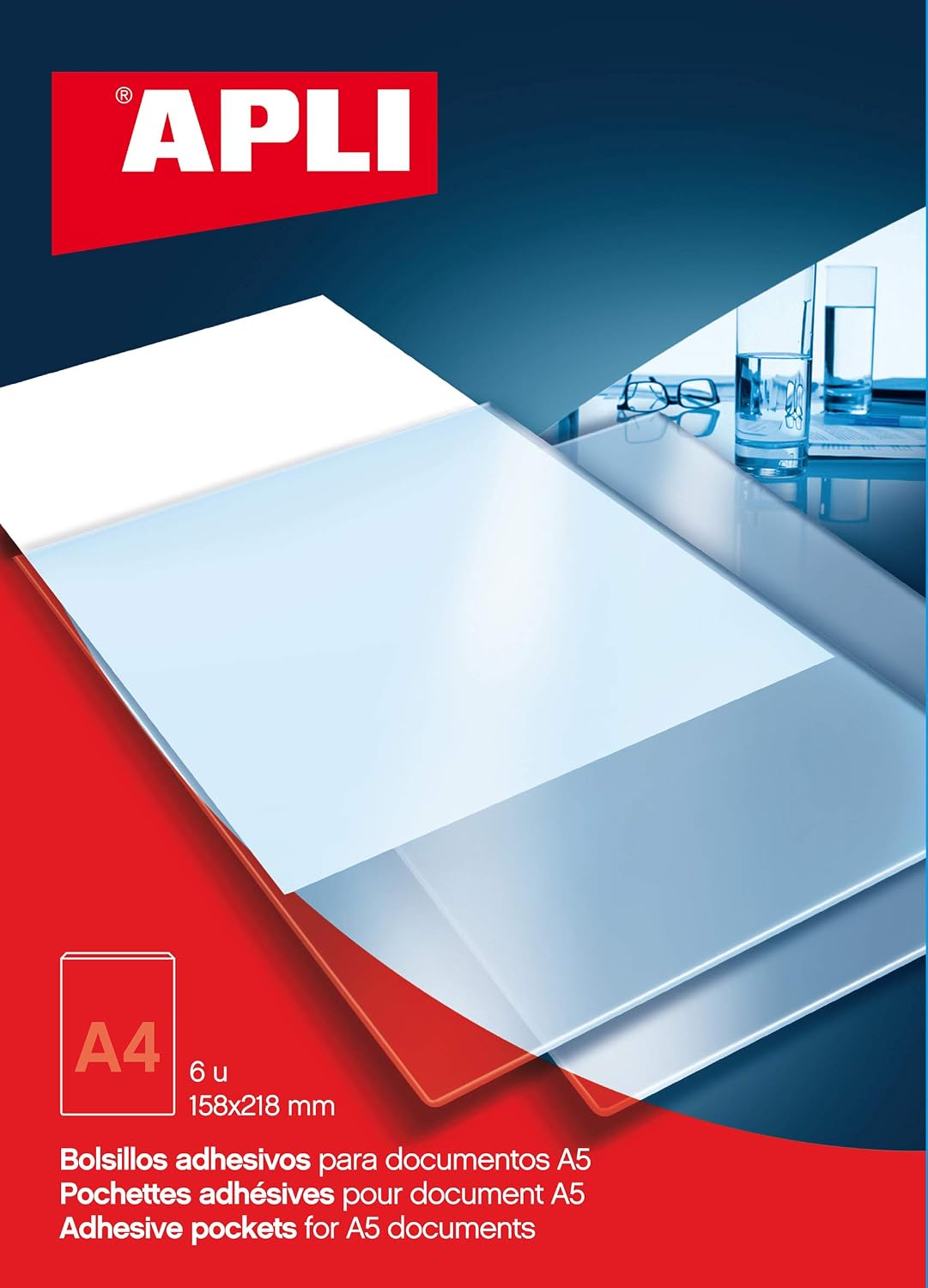APLI 002575 A4 Self-Adhesive Document Pockets 220 x 305 mm Pack of 6, Clear, 220 mm x 305 mm