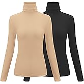 Herou 2 Pack Womens Long Sleeve Turtleneck Slim Fitted Lightweight Casual Active Layer Tops Shirts