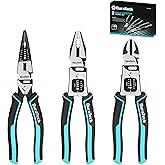 DURATECH 3PCS Pliers Set, Large 6 in 1 Multifunctional Wire Stripper Crimper Cutter, 8.5" Long Nose Pliers, 8.5" Linesman Pliers, 8" Diagonal Side Cutting