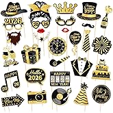 New Years Eve Photo Booth Props 2026, 30 Pcs Gold Black Funny NYE Party Photo Booth Props for Happy New Year Decorations 2026