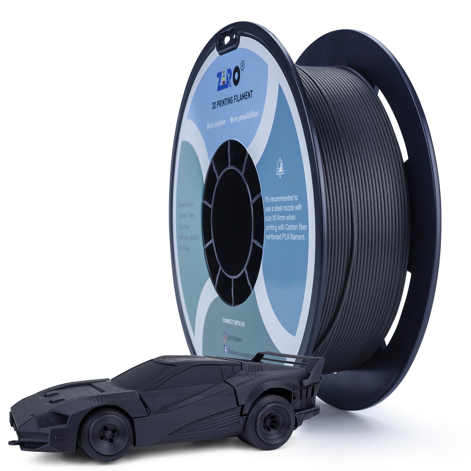 ZIRO Carbon Fiber Filament PLA 1.75mm, CF 3D Printer Filament, Reinforced Carbon Fiber PLA 0.8KG Spool, Black
