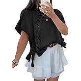 Saodimallsu Womens Summer Crochet Sweaters Batwing Cap Sleeve Cable Knit Crewneck Side Tie Casual Pullover Tops