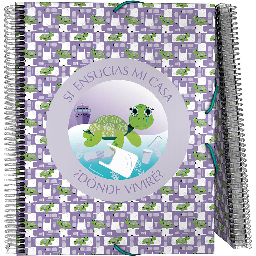 Grafoplás 39822428. A4 Pocket Folder with Spiral, Wise Planet Collection, Turtle, Rigid Polypropylene, Elastic Closure, 30 Transparent Pockets, Includes Envelope with Textile Closure