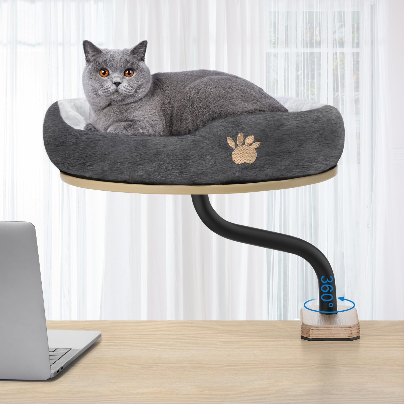 Photo 1 of Halloween Decorations Cat Desk Bed Mounted Cat Hammock for Desk with Comfortable Removable Pet Bed 360° Rotation for Cats and Kittens up to 24 lbs Nartural Color Wood with Gray Bed for Home Office