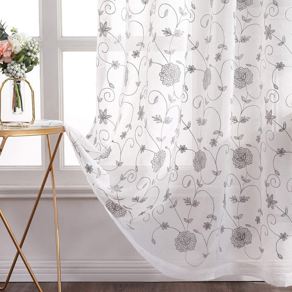 MIULEE 2 Panels Embroidered Sheer Window Flower Design Grommet Curtains Window Voile Panels/Drape/Treatment for Bedroom Living Room Flower 55" Wx 57" L Grey