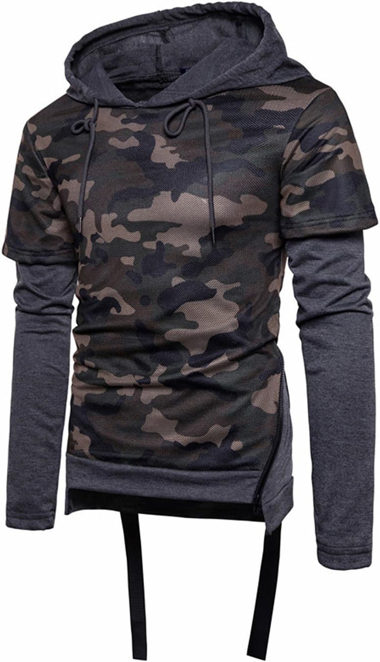 SUProcer Mens Camouflage Fake Two Pieces Slim Hooded Sweater Trainning Baseball Pullovers