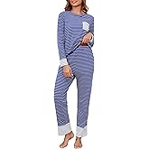 Namatime Womens Cotton Pajama Sets Stripe Long Sleeve 2 Piece Lounge Set Soft Pj Set Winter Loungewear Sleepwear with Pockets