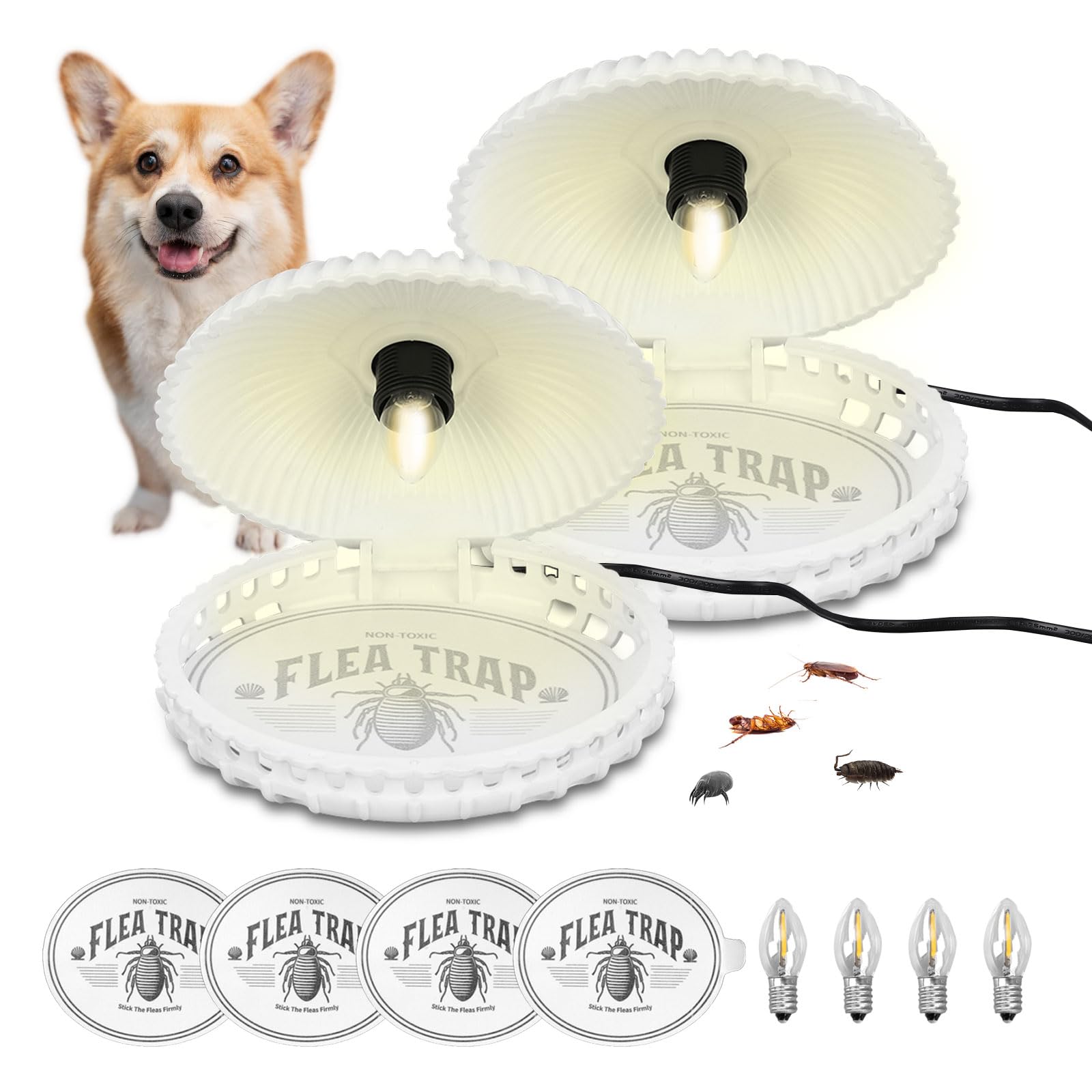 Flea Trap Catcher,2pcs Lamp Traps for Home Killer Odorless Light Trap,Non-Toxic Lamp Fleas catcher With 4 Sticky Pads, Electric Flea Repellent Natural Zapper for Carpets Bedding House Inside