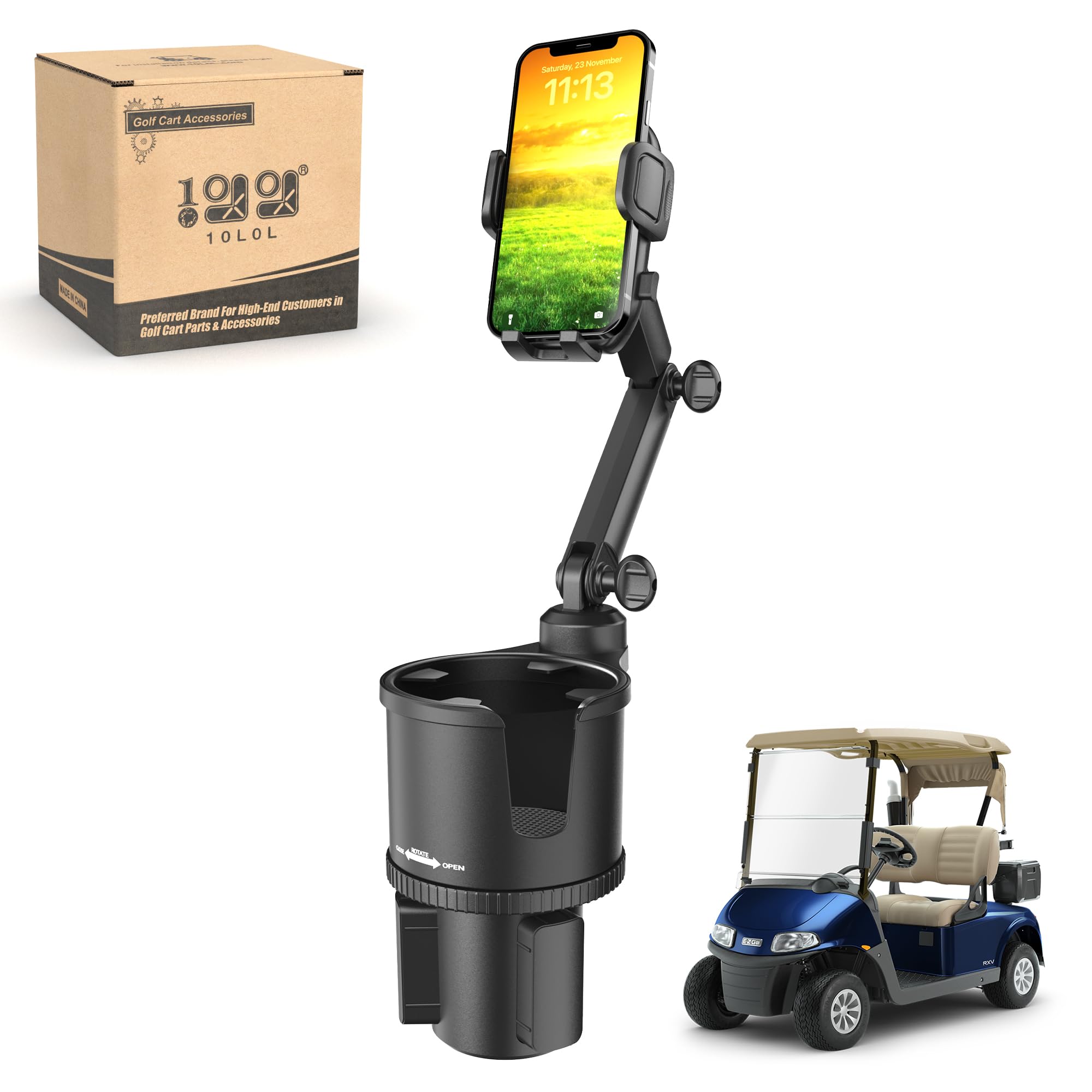 Photo 1 of 10L0L Updated ABS Golf Cart Cup Holder with Mobile Phone Holder Mount Compatible with Yamaha, EZGO, Club Car Golf Cart Model, 360° Rotatable Stand/One Click to Secure & Release/Expandable