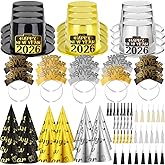 Upgraded Happy New Years Eve Party Supplies 2026 for 40 Guests, NYE New Year Decorations Hats Headband Cone Hats Party Noise Makers Tiaras, 80pcs New Year Party Favors Decor for NYE Party Accessories