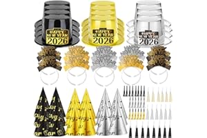 HEYPRIIL Upgraded Happy New Years Eve Party Supplies 2026 for 40 Guests, NYE New Year Decorations Hats Headband Cone Hats Party Noise Makers Tiaras, 80pcs New Year Party Favors Decor for NYE Party Accessories