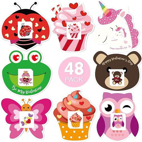 Valentine's Day Cards for Kids Set With Temporary Tattoos and Envelopes - Exchange Choice for Classroom, 8 Different Cute & Adorable Designs - 48 Pack