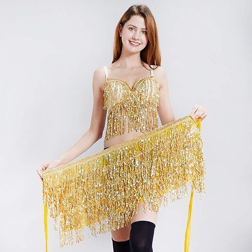 Women's Sequin Tassel Skirts Sparkly Rave Fringe Hip Scarf for