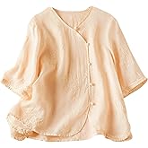 LAI MENG FIVE CATS Women's Casual Cotton Linen Embroidery Button Down Tunic Tops 3/4 Sleeve Blouse