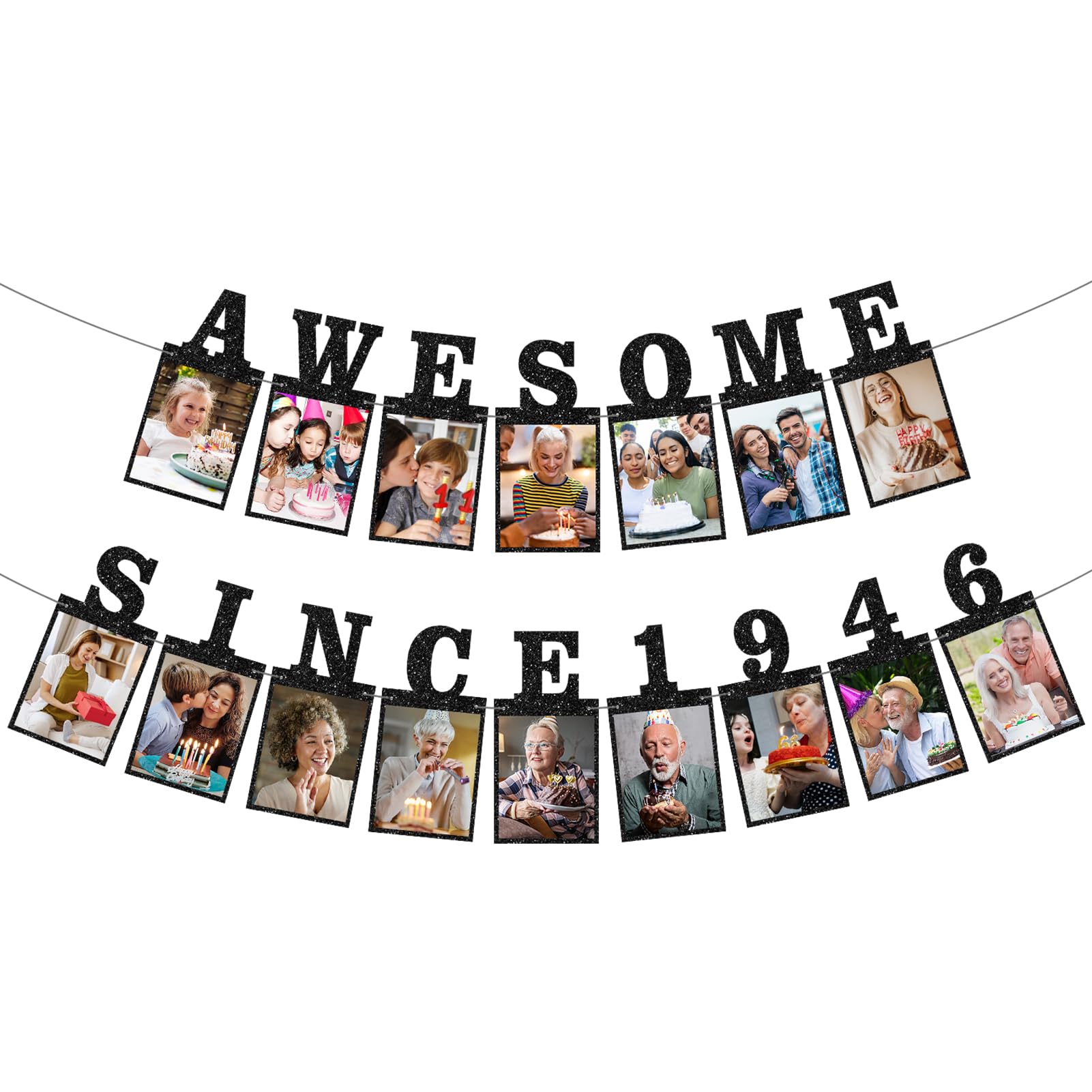 Pre-strung Awesome Since 1946 Photo Banner Birthday Decorations for Women Men - Black Glitter 80th Birthday and Anniversary Decorations Party Supplies