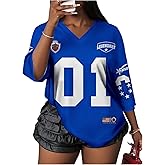 WDIRARA Women's Oversized Jersey Shirts Number Graphic Tee V Neck Half Sleeve T-Shirt Tops