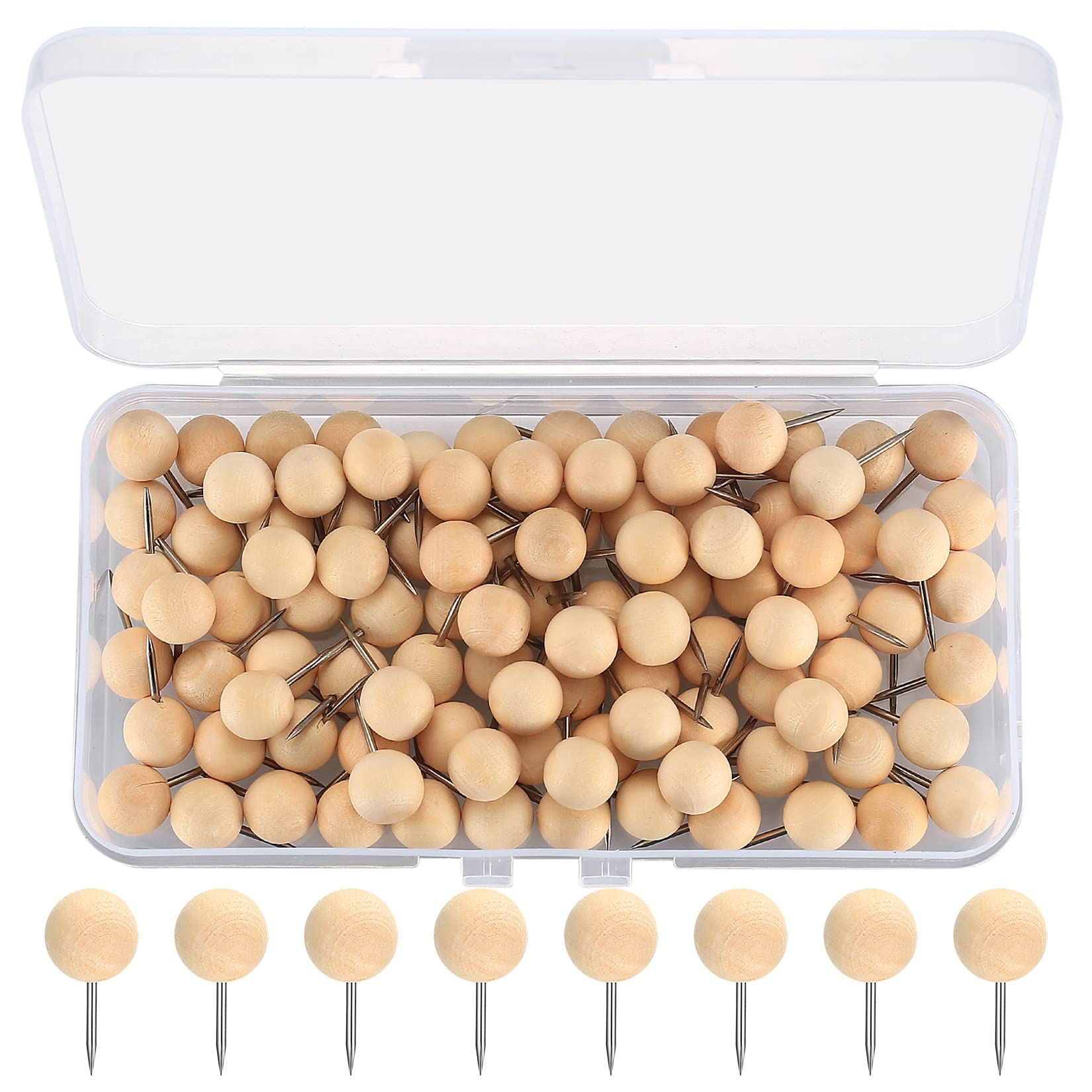 130-Pcs Wooden Push Pins, Natural Wood Thumb Tacks, Round Head Decorative Drawing Pins for Corkboard, Blackboard, Calendar, Maps