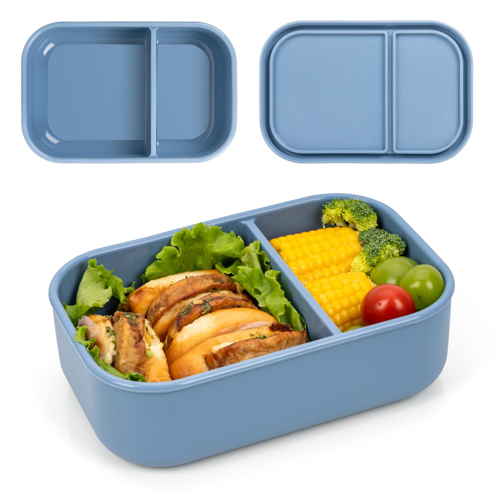 Photo 1 of 100% Silicone Bento Box Adult with 2 Compartments, 32oz, Reusable Divided Lunch Box Meal Prep Containers for Entree and Side Food Snack Storage, BPA-Free Plastic-Free, Microwave Dishwasher safe, Blue
