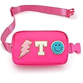 Fanny Pack for Girls Crossbody Bag, Preppy Nylon Kids Belt Bag for Birthday Christmas Graduation Personalized Gifts, Pink Chenille T Letter for Women Teen Girls Fanny Pack