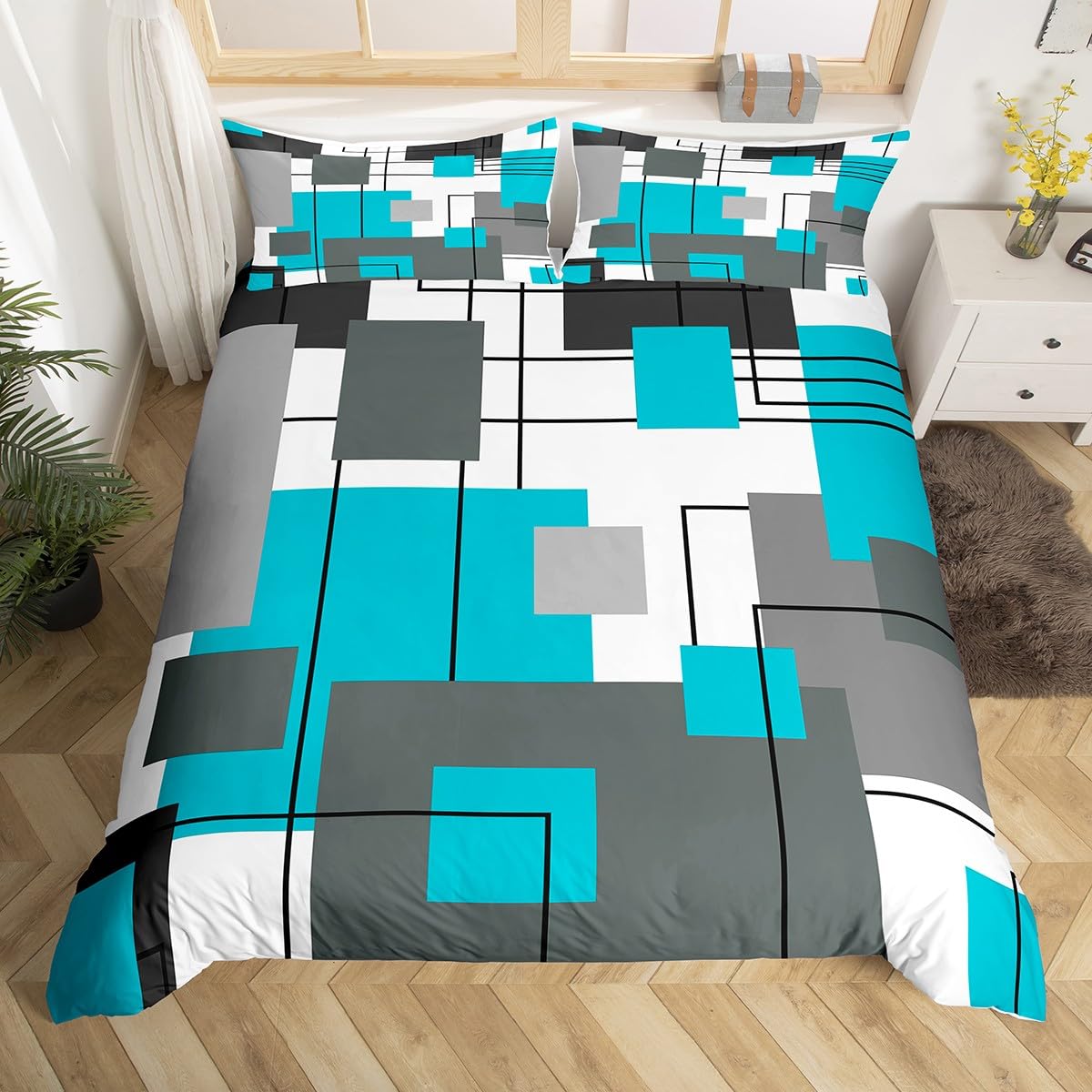 Homewish Geometric Square Duvet Cover Double Teal Grey Bedding Set Black Gray Turquoise Comforter Cover for Kids Teen Adults Modern Abstract Lines Bed Set Rustic Farmhouse Room Decor 2 Pillow Cases