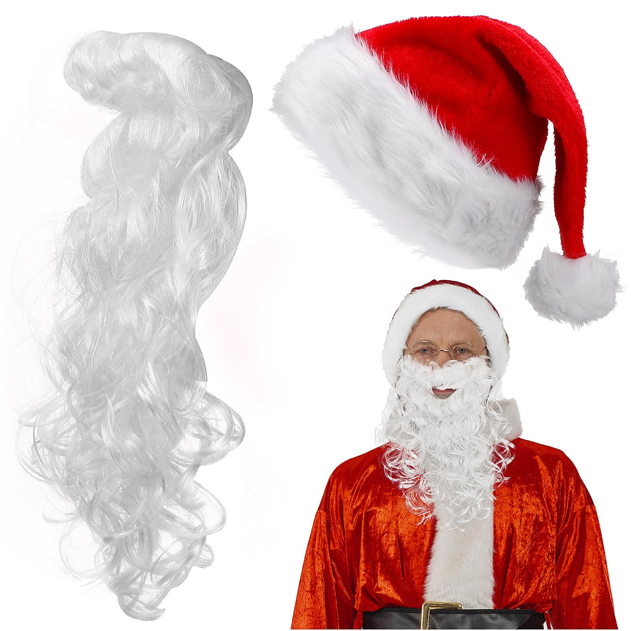Santa Hat and Beard Set for Adults–Father Christmas Outfit-Santa Beard Hat Set Fluffy with Soft White,Festive Father Xmas Dress Up Kit for Party,Cosplay,Holiday Events for Xmas Fancy Dress Costumes