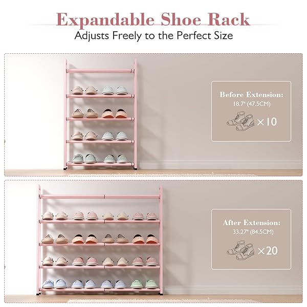 BUMUSTY 5-TIER EXPANDABLE SHOE RACK FOR CLOSET, 18“-33” ADJUSTABLE SHOE RACK FOR SMALL SPACE, SMALL SHOE ORGANIZER FOR FRONT DOOR, STURDY METAL (PINK)