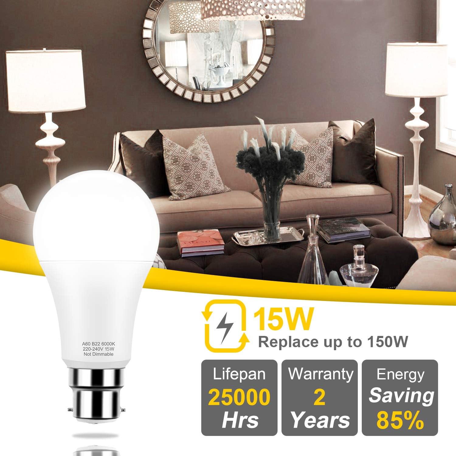 PURSNIC B22 LED Bulbs, 15W B22 Bayonet Light Bulbs Equivalent to 150W Incandescent Bulb - Image 4