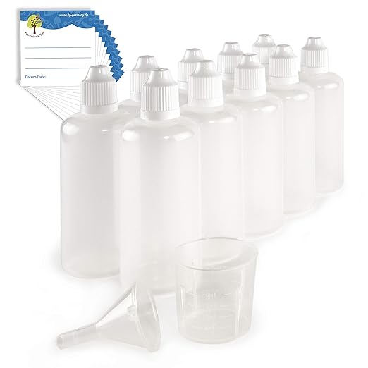 ProfessionalTree 10 x 100 ml Tropfflaschen mit Trichter, Messbecher und 10 Etiketten - Leere Quetschflasche zur Dosierung und