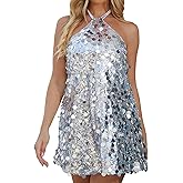 Women's Sparkling Sequin Slip Dress Halter NeckMini Bodycon Dress for Night Club Party, Sleeveless Clubwear