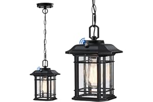 MYHXQ Dusk to Dawn Outdoor Pendant Lights for Porch 10.25'', Black Exterior Hanging Lanterns Outdoor, Farmhouse Outdoor Ceiling Light Fixture, Waterproof Tempered Seed Glass Outdoor Chandelier, 1Pack