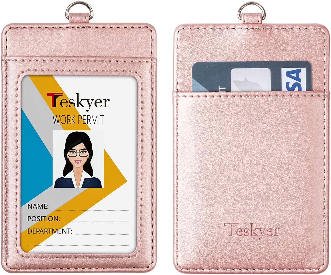 Leather ID Badge Holder, Vertical PU Leather ID Badge Holder with 1 Clear ID Window & 1 Credit Card Slot and a Detachable Neck Lanyard (Rose Gold) : Office Products