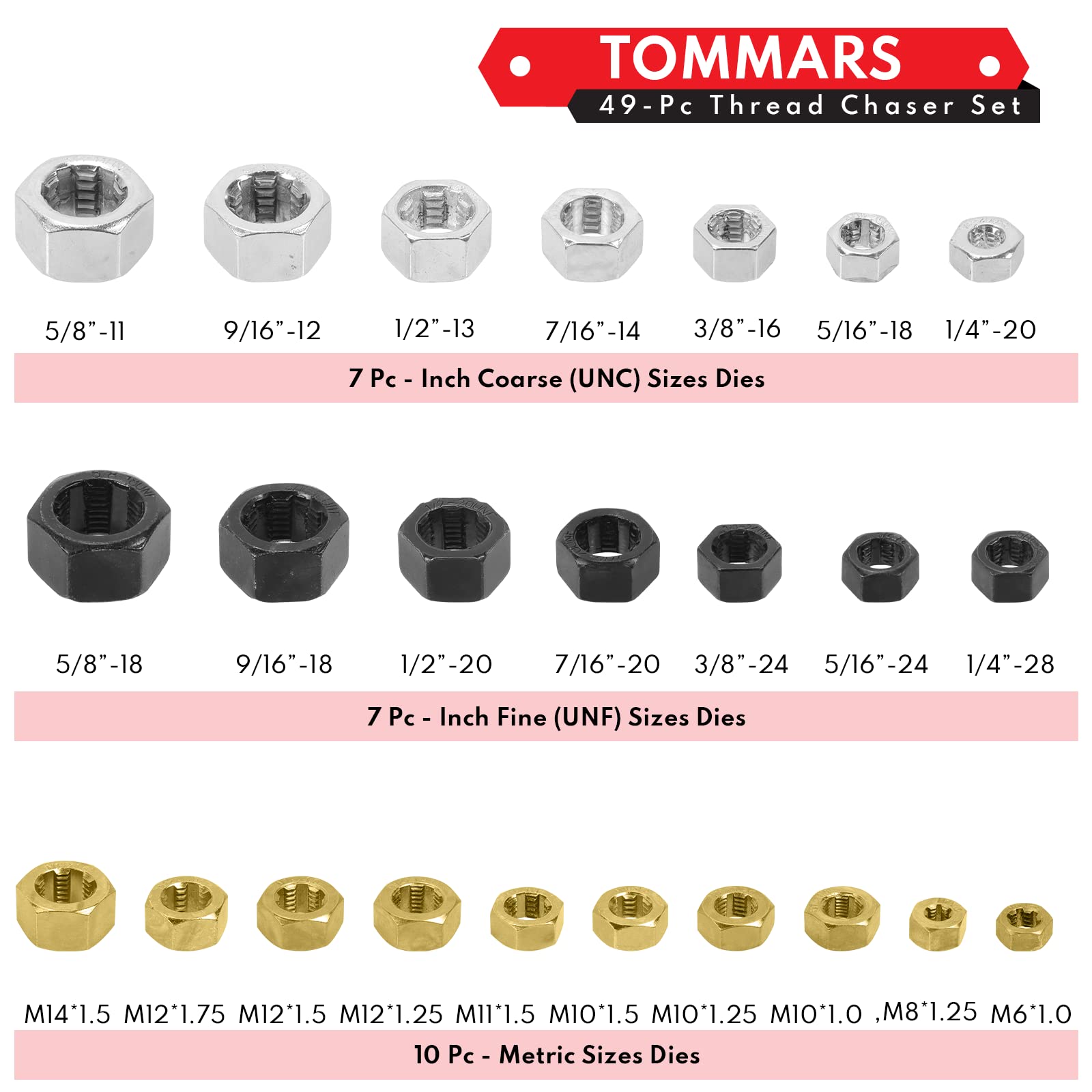 TOMMARS 49-Piece Thread Chaser Set Repair Kit, UNC UNF & Metric with Taps, Dies, and Thread Files for Rethreading and Restoration