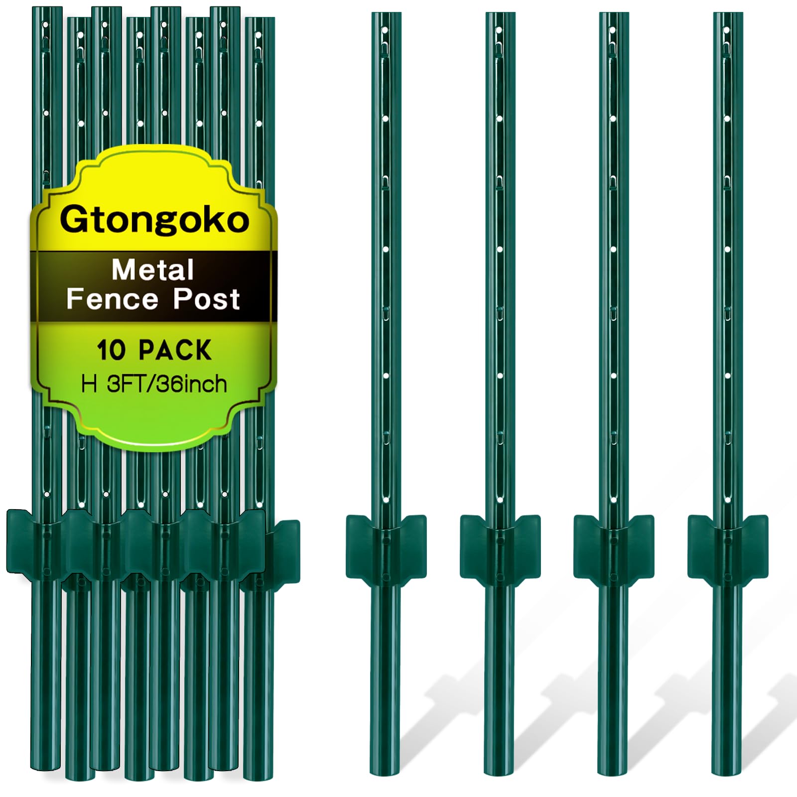 Gtongoko 3 Feet Sturdy Duty Metal Fence Post, Pack of 10, U Post for Fencing Green Fence Posts for Garden Yard and Outdoor Wire