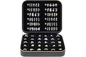 GRAPSA Luxury Leather Ring Storage Organizer Case, Ring Holder for Women/ Girls/ Mothers/ Wife, Portable Jewelry Display Box with 30 Slots & 12 Strips for 90+ Rings, Earrings, Necklaces - Black(Case Only)