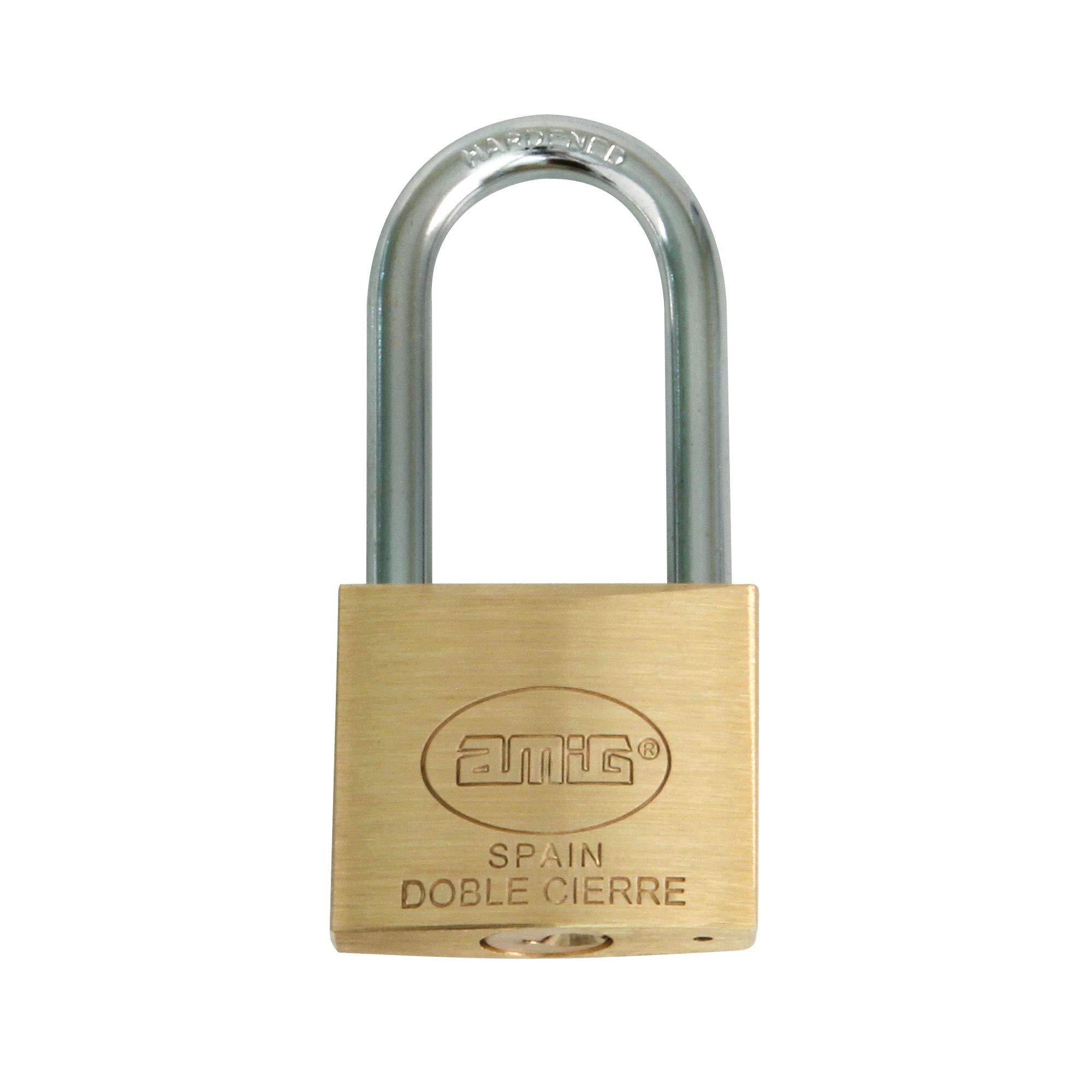 amig - Security Padlock - Includes 2 Keys - Long arc - Brass and Treated Steel arc - for Gym lockers, Doors, cabinets, suitcases, Backpacks - Double Lock - Width: 30 mm