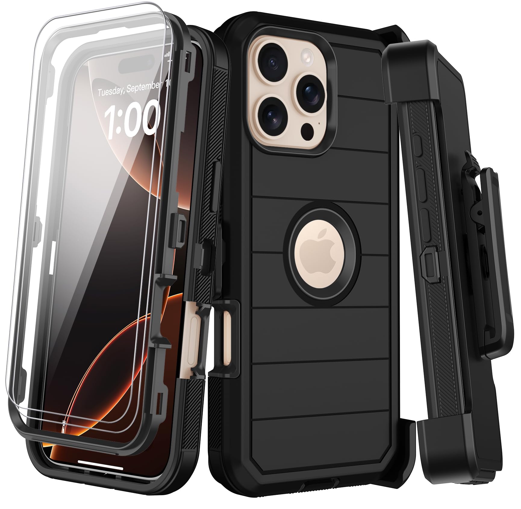 for iPhone 16 Pro Case with Belt Clip Holster,2X Screen Protectors,Heavy Duty Shockproof Drop Protection Military Grade 3 Layers Full Covered Rugged Durable Phone Cover with Kickstand 6.3“ (Black)