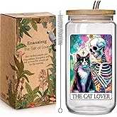Enanaimg Funny 16oz Cat Glass Cups with Lids and Straws Gifts for Women Girls, Cool Cat Lover Owners Christmas Gifts for Daughter Sister Aunt Best Friends BFF,Cats Decor Stuff Accessories