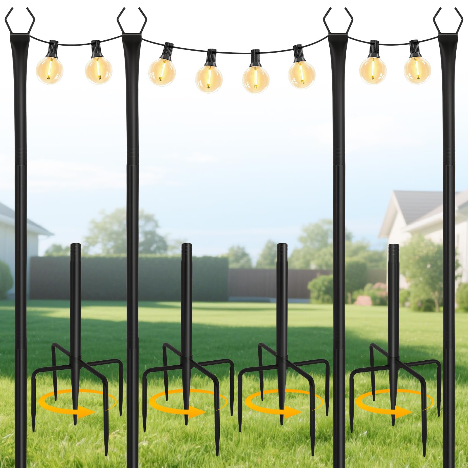 Photo 1 of Breeze Touch 4 Pack Reinforced String Light Poles for Outside, 10 Ft Metal Poles with Fork for Outdoor String Lights, Outdoor Light Stand for Patio, Deck, Backyard, Garden, Wedding, Party