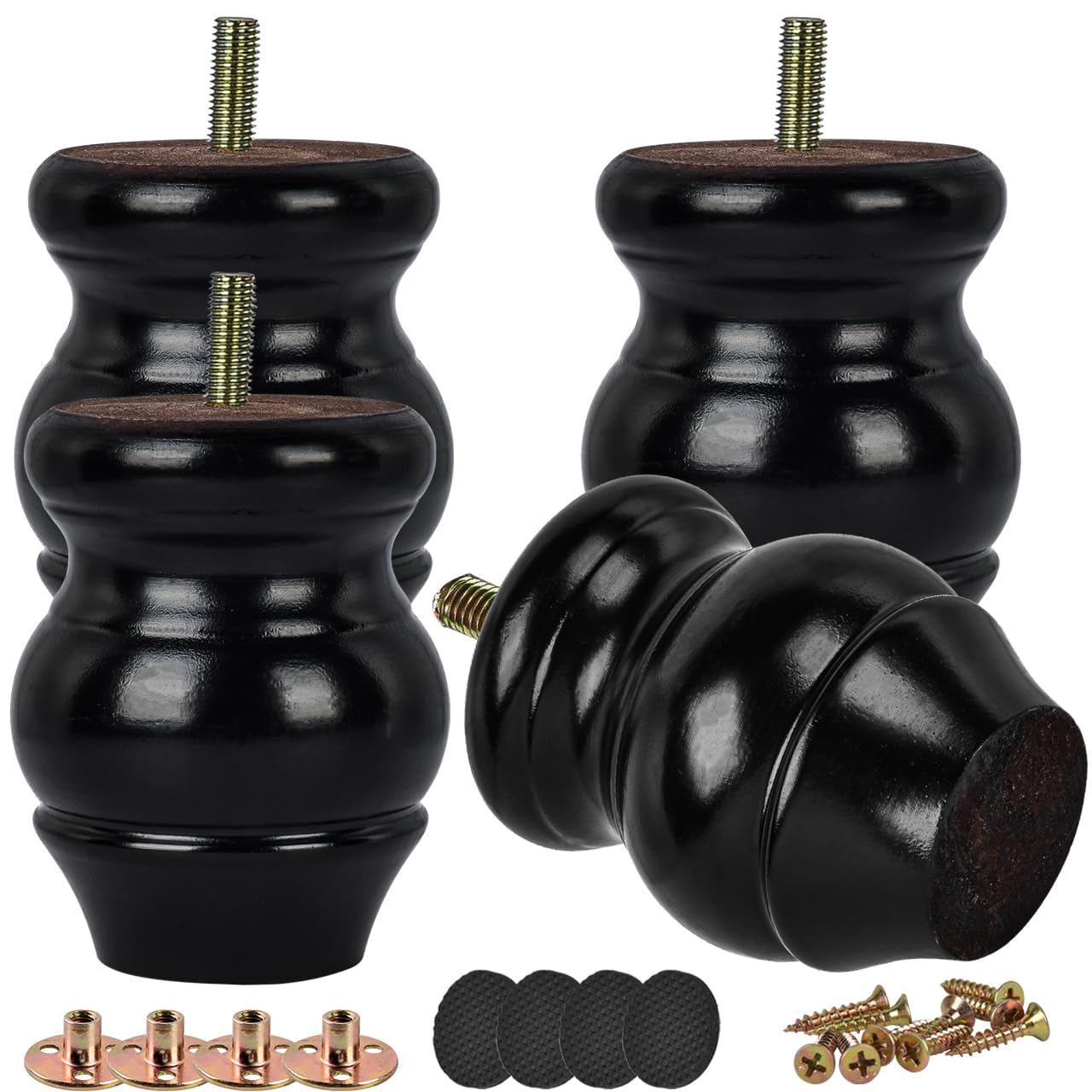 Btowin 4 Inch / 10cmSolid Wood Furniture Legs, 4Pcs Black Turned Wooden Bun Feet with Threaded M8 Hanger Bolts & Mounting Plate & Screws for Sofa Cabinet Ottoman Loveseat Recliner
