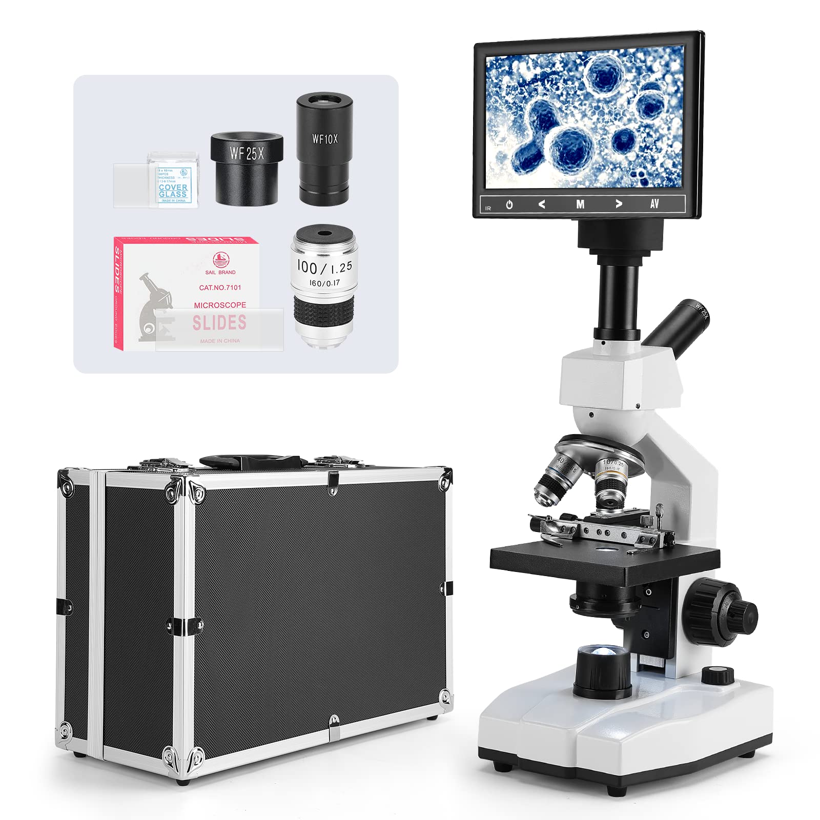 [Blood Version] Vabiooth Dual-View Compound Monocular Microscope 40X-2500X Magnification with 7" LCD Screen 5MP E-Eyepiece, Adjustable Mechanical Stage, Aluminum Carry Box for observing Live Blood